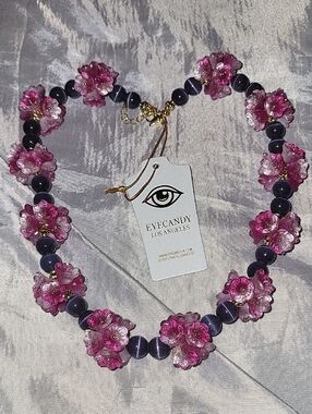 eye candy Pink Floral Statement Necklace with Purple Beads